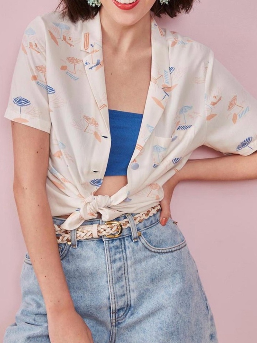 Cream Short-Sleeve Printed Button-Down Shirt